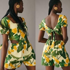 FARM Rio Yellow & Green Tropical Print Tied-Back Romper